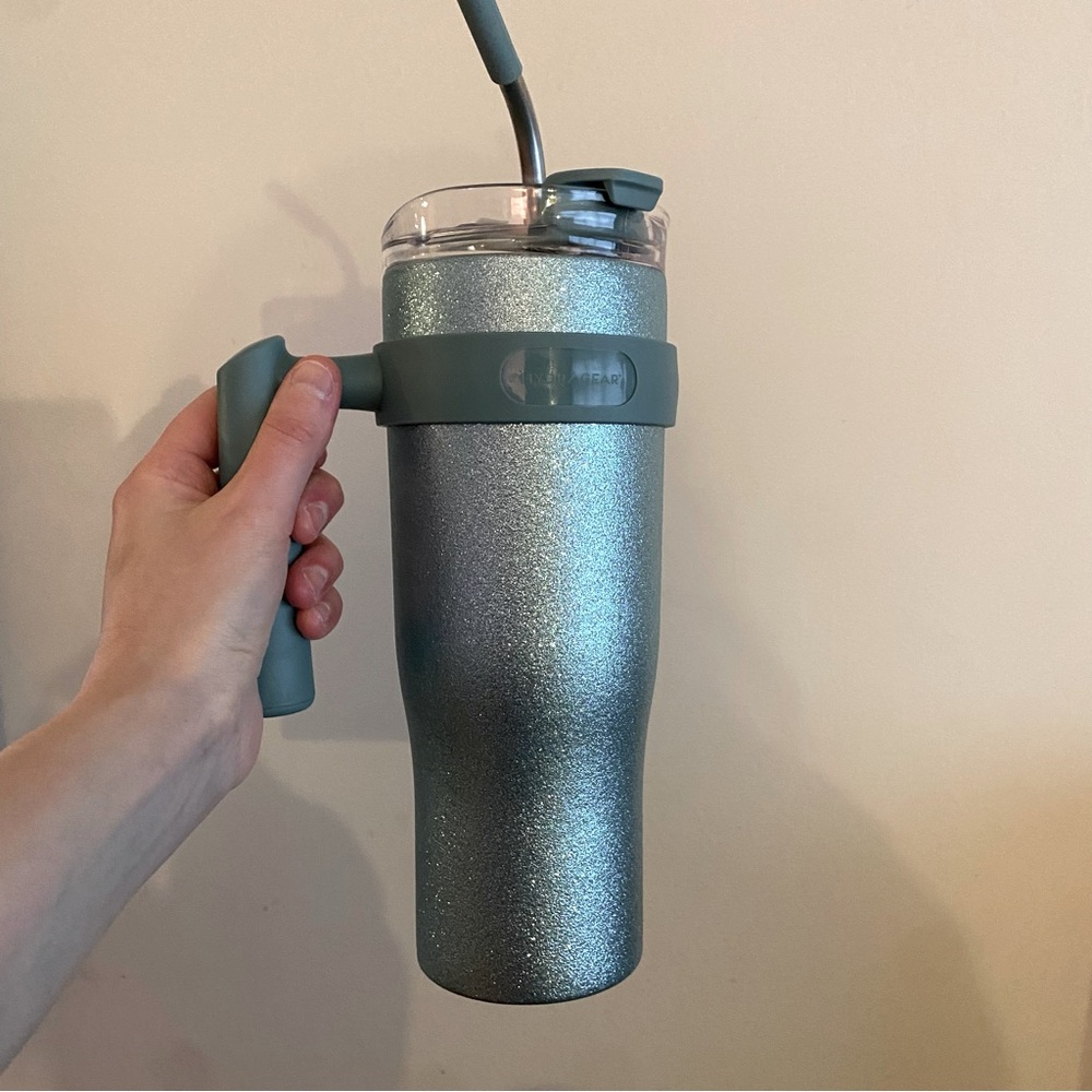 HydraGear Sparkly Aqua Blue Tumbler Cup with Metal Straw and Handle